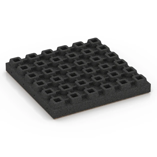 Aufsicht auf die Unterseite, also die Bodenseite von WARCO-Formteil 6448 - Fallschutzplatte – 210 cm im Format 50 x 50 x 7 cm.